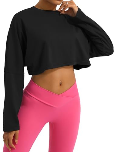 SEAUR Sport Langarmshirt Damen Bauchfrei Locker Laufshirt Baumwolle Fitness Gym Cropped Oberteile Langarm Sportshirt Yoga Shirt Longsleeve Crop Top