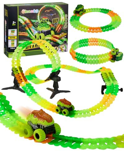 GleamKid Lot de 132 Pistes de Course Lumineuses pour Voiture, Pistes de Course Flexibles, Train de Dinosaures Qui Brillent dans Le Noir, Jouet pour, Cadeaux d'anniversaire