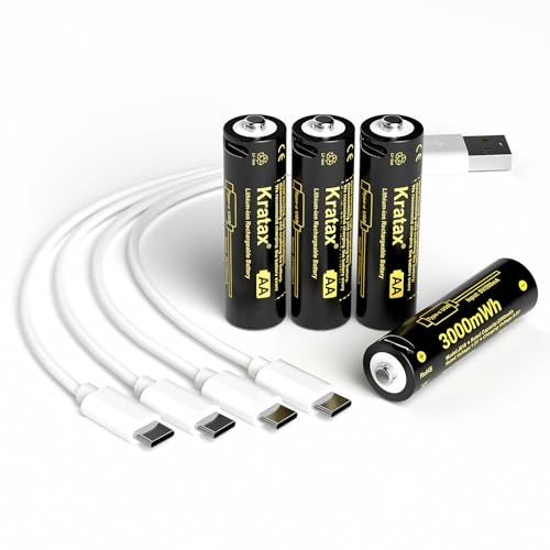 Kratax 1.5V USB Rechargeable Lithium Batteries AA Size,3000mWh Double AA Rechargeable Battery,Charges 2.5 Hours, Over 1000 Cycles, 4-in-1 USB-A to USB-C Charging Cable, LED Charge Indicator, 4-Pack