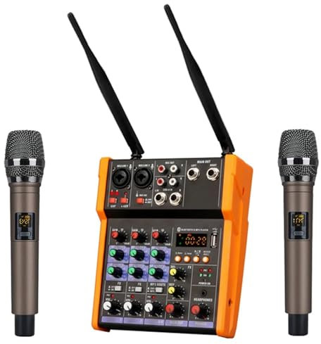 Amplificatore audio stereo Console mixer audio a 4 canali Woopker con microfono wireless Mixing audio Ingresso USB Mixer DJ raggio di trasmissione esteso(Orange Set)