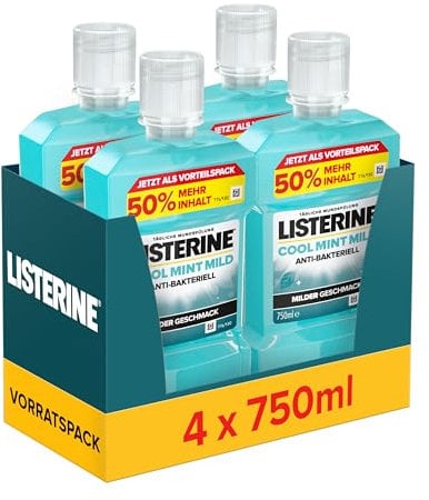 LISTERINE Cool Mint Mild (4 x 750 ml), antibakterielle Mundspülung mit ätherischen Ölen & ohne Alkohol, mildes Zahnpflege Mundwasser, reduziert Zahnbelag, bekämpft wirksam Mundgeruch