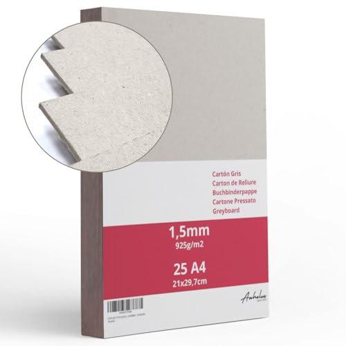 25 Blatt A4 Graukarton 1,5 mm dick, Größe 21x29,7cm, Graupappe 925 g/m², Buchbinderpappe, Presskarton, Recyclinkarton, Bastelarbeiten, binde, Scrapbooking