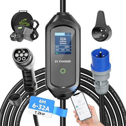 AFYEEV 7.2kW Type 2 Charging Cable, 6/8/10/13/16/20/24/32A Adjustable Current, Charging Cable Type 2, Charging Cable Electric car Type 2, Charging Cable Type 2, EV Charger with Bag, IEC 62196-2, 6M