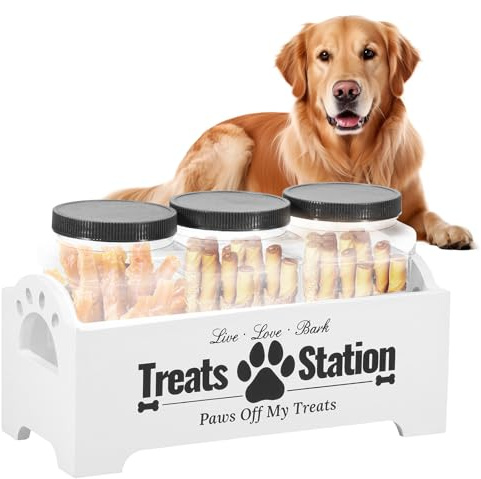 Dandelionsky Dog Treat Container with 3 Dog Treat Jars, Cute Wooden Farmhouse Style Pet Food Storage Organizer (White-3 Jar, Wooden Box: 29x13x13cm, Jar: 14.5x9.5cm)
