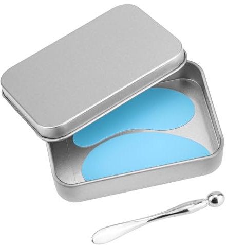 Reusable Eye Patch, Silicone Eye Gel Pads Eye Patches Under Eye Mask, Plump Fine Lines & Wrinkles with Metal Eye Cream Applicator & Tin Case for Dark Circles & Puffy Eyes (Blue)
