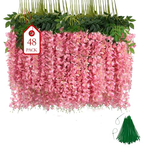 BIRDDIE 48 Pcs Rosa Plantas Artificiales Decorativas | Flores Artificiales Decoracion,Glicinas Artificiales,Guirnalda Colgante para Fondo,Boda,JardíN y de Pared del Hogar