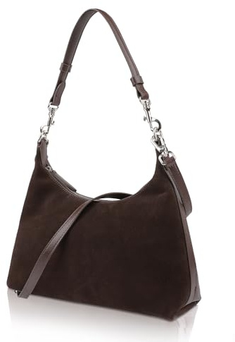 MoreFarther Wildleder und Echtes Leder Schultertasche Damen, Handtasche Damen Mittelgroß mit Abnehmbarer Schultergurt zum Crossbody Bag, Umhängetasche mit Reißverschluss