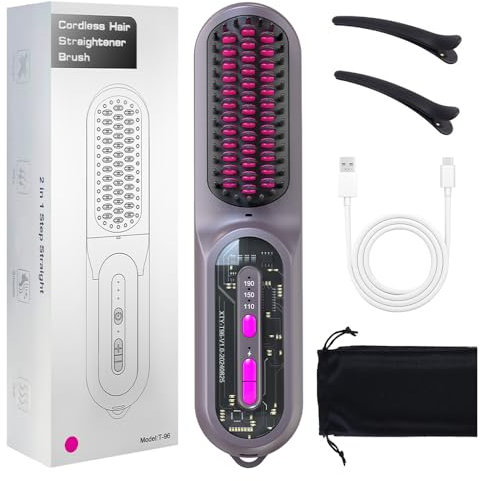 PDGROW Schnurlose Haarglätter-Bürste, Tragbare Glättungsbürste für Frauen, Bartglätter Kamm für Männer, 9600mAh Wiederaufladbar Ionischer Bürste für Haar und Bart Glätteisen, Anti-Verbrühung/Tragbar