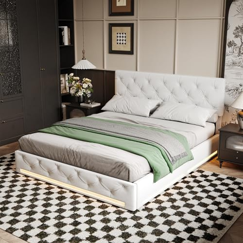 MIOOSUT Boxspringbett LED 140 x 200 cm, gepolstert mit Aufbewahrung, höhenverstellbare Polsterung, Erwachsene, Doppelbett, ohne Matratze (Leinenbeige, 140 x 200)