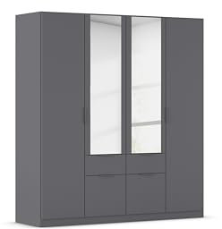 Rauch Möbel Glasgow Drehtürenschrank, Kleiderschrank, Schrank, Garderobe 4-türig, 2 Spiegeltüren, 4 Schubladen, Farbe Grau metallic, Griffprofil Grau metallic, 181x197x54cm