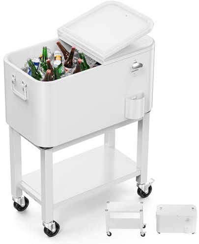 Bonnlo Glacière à roulettes 57 L Frigo de Jardin ou Camping avec Bouchon de Décapsuler l'Ouvre-Bouteille et l'Attrappe-Capsule Chariot Frigorifique pour Patio Jardin Terrasse Blanc