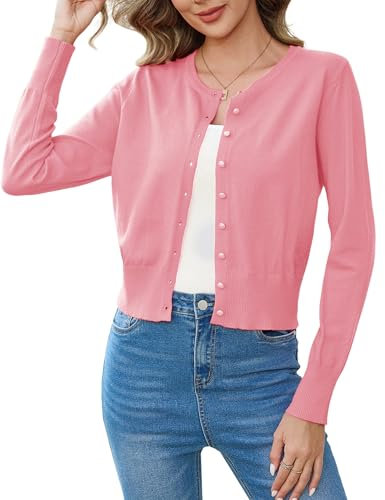 Aottori Cardigan Donna Corto Elegante Bolero Girocollo Maniche Lunghe Coprispalle a Maglia con Bottoni Giacca Leggero Matrimonio per Primavera Autunno Rosa S