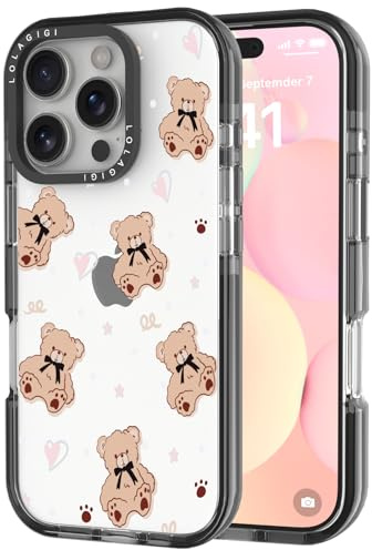 LOLAGIGI Case for iPhone 13, Cute Brown Teddy Bear Kawaii Design Girly Aesthetic Cartoon Pattern for Women Girls Teens Transparent Acrylic Hard Case,6.1