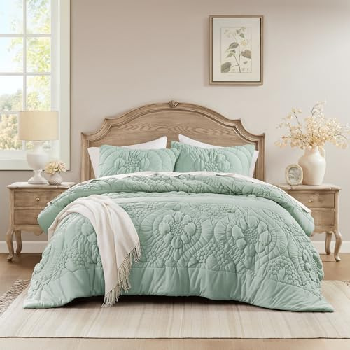 Madison Park Floral Jersey Comforter Set, Puffy Cloud Twin Size Comforters Crinkled Farmhouse Rustic Shabby Chic Bedding Set, Ultra-Soft All Season Down Alternative, Sage Green 2-Piece