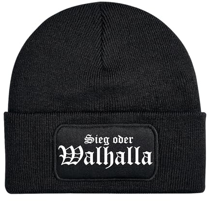 Sieg oder Walhalla Mütze | Strickmütze – Wikinger Germanen Mythologie Streetwear Unisex Wintermütze | Patch Beanie