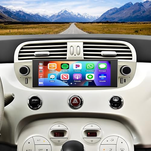 4+64G Android 14 Car Stereo for Fiat 500 2007-2015, 6.86inch Touch Screen Display Radio Vedio Player with Wireless Wired Car Play Android Auto GPS Navigation WIFI Bluetooth SWC