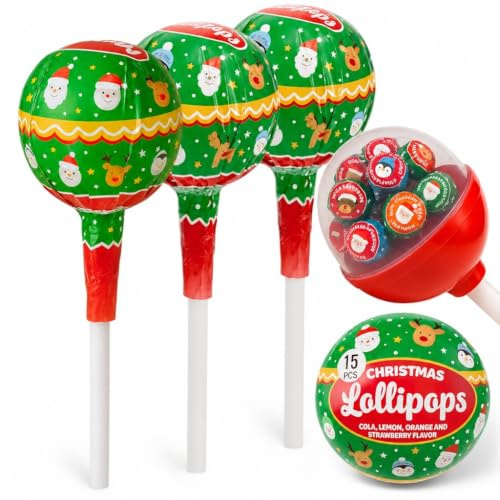 MIJOMA 3er-Set XL Weihnachts-Lollipops – je 15 Mini-Lutscher – 135g pro Lolli – Cola, Erdbeer, Orange, Zitrone – Halal, glutenfrei, natürliche Farbstoffe