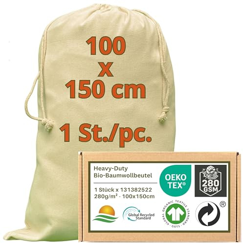 WIESEN.design Sack XXS - XXXL - 280 g/m² OEKO-TEX® zertifizierte Heavy-Duty Baumwolle für langlebige, professionelle Anwendungen, 100x150 cm - 1 St. Kleidersäcke Aufbewahrung, Kleidersack Baumwolle