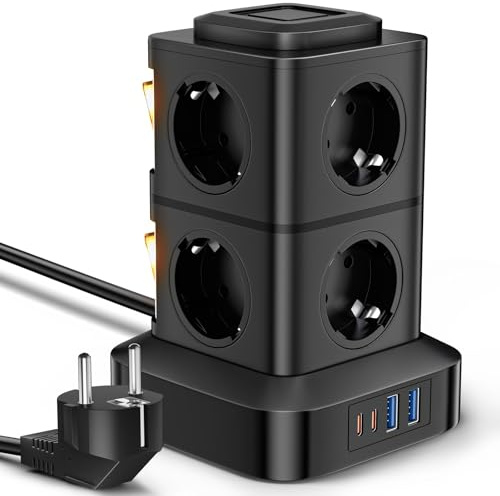Steckdosenturm 8-Fach mit 2 USB-C & 2 USB Mehrfachsteckdose | Steckdosenleiste mit Überspannungsschutz Ideal für Büro Home Office und Gaming Setup mit 8 Steckdosen und 3Meter Kabel