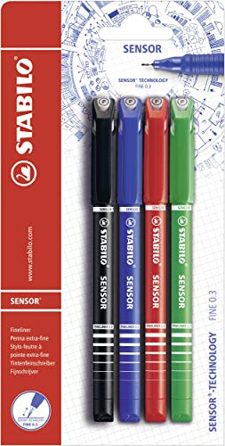 STABILO - Fineliner mit gefederter Spitze - SENSOR F - fein - 4er Pack - schwarz, blau, rot, grün