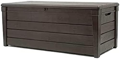Keter Brightwood Kissenbox, Auflagenbox, 454 Liter Volumen, Wasserdicht, Taupe, Holzoptik, Sitzbank für 2 Erwachsene (max. 300kg), 145x69.7x60.3cm, Allzwecktruhe