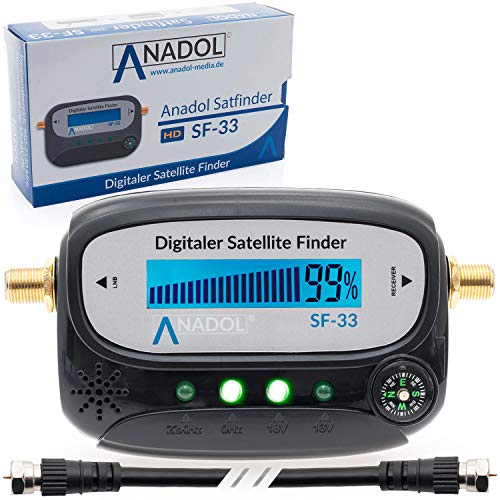 [Test SEHR GUT *] Anadol SF33 Black LCD digital Satfinder - digitales Satelliten Messgerät - zum Ausrichten/Einstellen von Sat Antennen - mit Signalton, Verbindungskabel + deutsche Anleitung