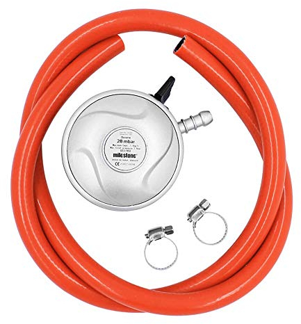 Milestone Camping 20489 Butane 21mm Gas Regulator with Hose and Clips, 28 Mbar, Orange