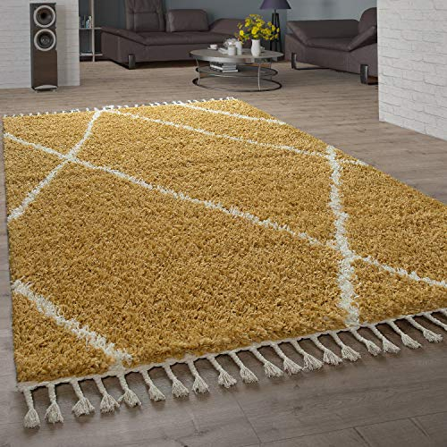 Paco Home Shaggy Teppich Wohnzimmer Hochflor Rauten Muster Skandi Design, Grösse:140x200 cm, Farbe:Gelb