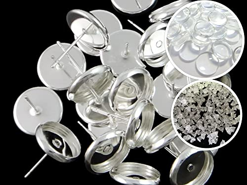 50 Ohrstecker mit 50 klaren Cabochons 8mm Ohrringe Farbwahl Fassungen Rohlinge Bastelset(silber)