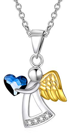 AOBOCO Schutzengel Kette Sterling Silber 925 Engel Anhänger Halskette mit Kristallen, Taufe Kommunion Geburtstagsgeschenke für Mädchen Kinder (Blau)