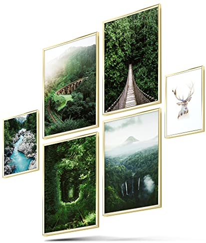 BLCKART Green Forest Bilder Set Stilvolle Beidseitige Pampasgras Bilderwand Natur Landschaft Wohnzimmer Deko Poster Wald (L | 4X A3 | 2X A4 | ohne Rahmen, Green Forest)