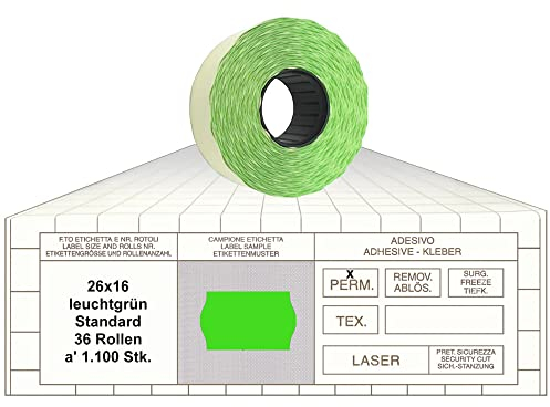Preisauszeichner Etiketten 26x16 Standard leuchtgrün 36 Rollen permanent Preisetiketten für Printex Tovel Meto Blitz Print Jolly Avery