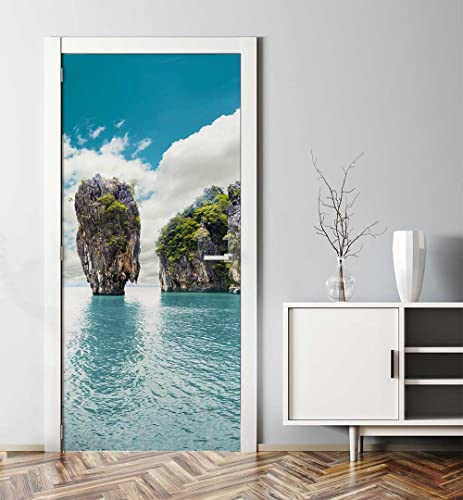 MyMaxxi - Tür bekleben mit Türtapete Türposter Türfolie Selbstklebend 90x200 Strand Berge - Tür verschönern Türaufkleber Türklebefolie Sand Meer Berge blau