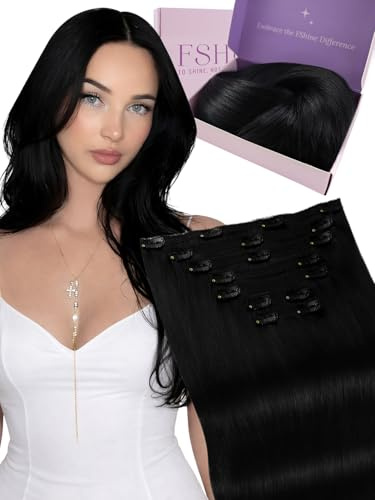 Fshine Clip in Extensions Echthaar Tiefschwarz 60cm 120g | Hair Extensions Clip in, Schnell einsetzbar, ohne zusätzliche Werkzeuge, Anfängerfreundlich, natürliche Haarintegration