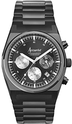 Accurist Origin Mens Analogue Watch 41mm dial Black Stainless Steel | Chronograph with date display, 100 Metres Water Resistance, sunray dial, ion-plated case