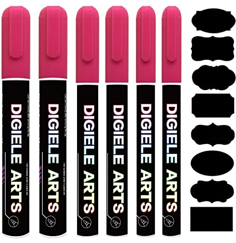 DIGIELE Marqueur Craie Rose, Feutre Craie Liquide Rose 1mm / 3mm / 6mm + 16 Etiquettes Tableau, Effaçage par Chiffon Humide ou Sec pour Tableau Noir, Ardoise, Miroir, Ardoise Magique, Vitre & Menu