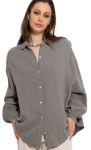 SASSYCLASSY Oversize Musselin Bluse Damen Langarm - Oversized Freizeit Look - Hemdbluse lang aus Baumwolle mit V Ausschnitt - Long-Bluse One Size (Gr. 36-48) Taupe