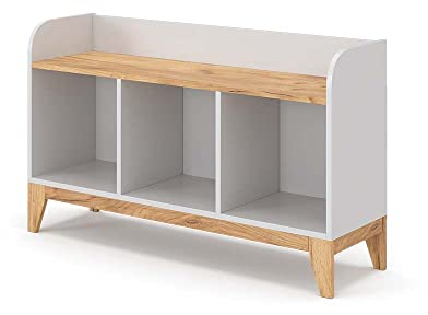VitaliSpa Kindersitzbank Malia, Spielzeugregal mit Sitzbank, Weiß/Eiche, 107.2 x 63.8 cm