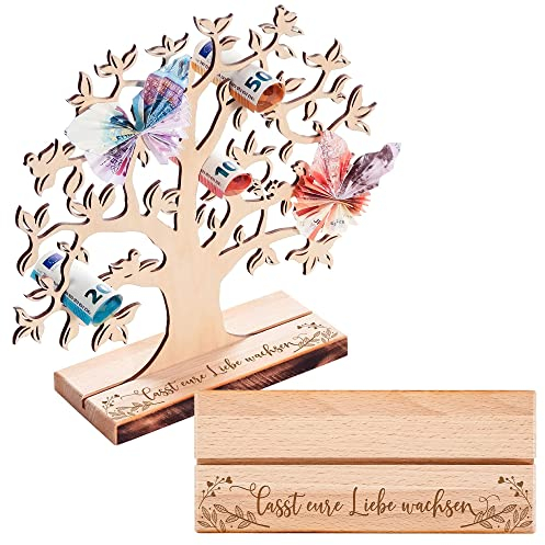 Geldbaum aus Erlenholz mit Gravur zur Hochzeit, Hochzeitsgeschenk für Brautpaar, Hochzeitsdeko, Verpackung für Geldgeschenke