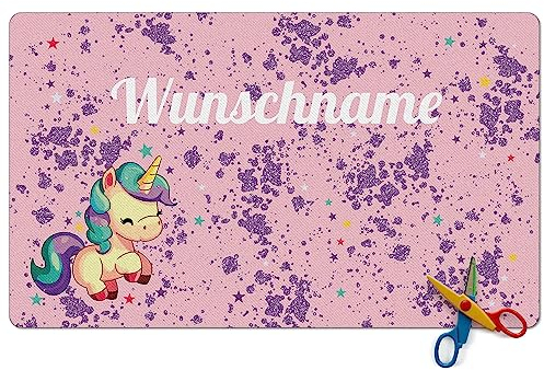 PR Print Royal Schreibtischunterlage selbst gestalten mit Name - Einhorn mit Glitzer-Optik - Waschbar, Personalisierte Geschenke zur Einschulung | 600 x 350 mm, Rutschfest, Schreibtischschutz