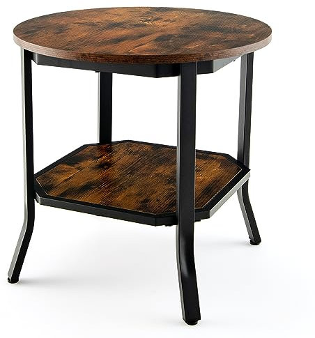 CASART Round End Table, Wooden Sofa Side Table Small Coffee Table with Shelf, Steel Frame Bedside Table Industrial Nightstand for Bedroom Living Room Office