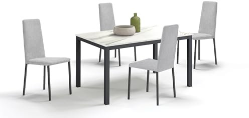 REDÒKASA SET ERMES MARMO Tavolo Giotto allungabile 110 x 70 (+1 allunga da 40) con 4 Sedie imbottite Betty New per cucina e sala da pranzo (Argento)