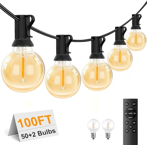 FUKOOLE LED Lichterkette Außen, 30M 50+2 G40 Outdoor Lichterkette Außen Strom, 5 Modi, IP44 Wasserdicht, Timer, Fernbedienung, Lichterkette Glühbirnen Innen für Garten, Terrasse, Hochzeiten, Party