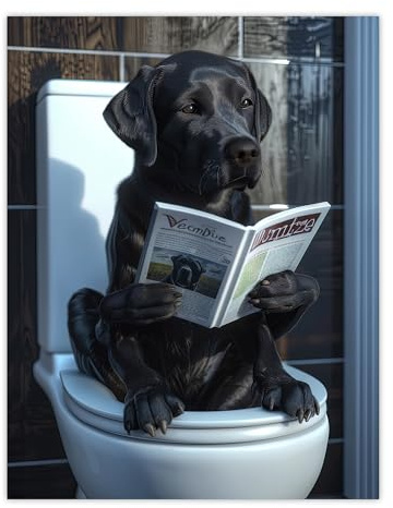Artery8 Dog Lover Funny Black Labrador Reading on Toilet For Bathroom Unframed Wall Art Print Poster Home Decor