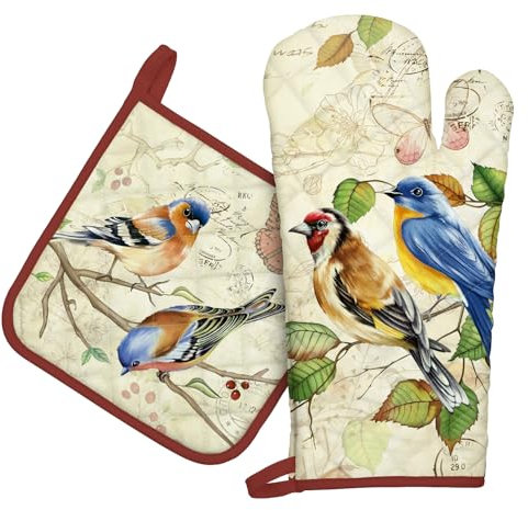Arquiel Ofenhandschuh und Topflappen 2er Set, 100% Baumwolle Kochhandschuhe, Hitzebeständiger Küchenhandschuh Zum Kochen Backen Grillen Geschenk,Retro Vogel