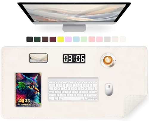 Tapis de Bureau 90 x 43 CM, Protecteur de Tapis de Bureau en Cuir PU, Tapis de Souris Antidérapant, Tapis d'Ordinateur Facile à Nettoyer pour le Bureau, Tapis de Table (Blanc Ivoire)