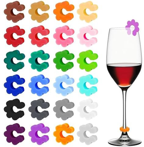LMOGWL 24-Stücke Wein Glas Anhänger Etiketten mit Flaschenstopfen, Silikon Wein Glas Getränkeetiketten, verwendet für Party Dekoration, Home Glas Etikettierung, Wein Etikettierung, mehrfarbig