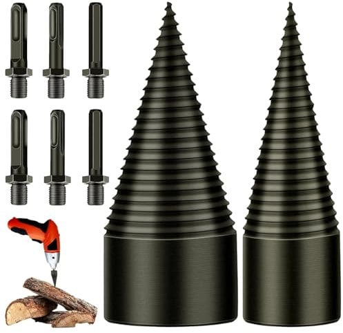 JOLIGAEA Spaccalegna Cono di Legno, 32mm+42mm Cono per Vite Spaccalegna con 6 Manici per Trapano, Spaccalegna per Uso Domestico, Spaccalegna per Trapano per Legno, Cono di Legno Punta