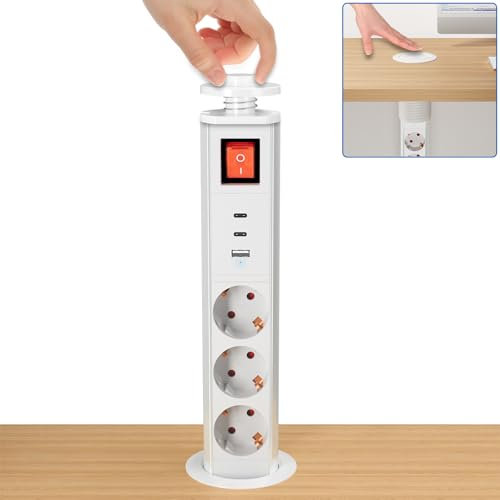 Enchufe de mesa con 3 enchufes retráctiles con interruptor, enchufe empotrable con PD20 W, 2 puertos USB-C y 1 USB A, enchufe retráctil para cocina, encimera, 4000 W/16 A, cable de 1,8 m, color blanco