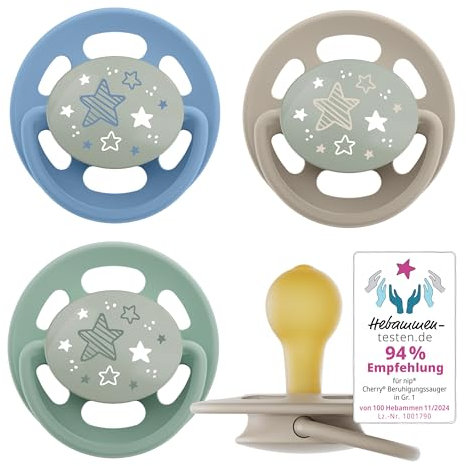 nip - Cherry Green Night | 0-6 Monate | 4er Pack | Stillfreundlicher, zahnfreundlicher Babyschnuller mit Leuchtknopf. Nachhaltiger Schnuller aus natürlichen Rohstoffen, Blau/Grün